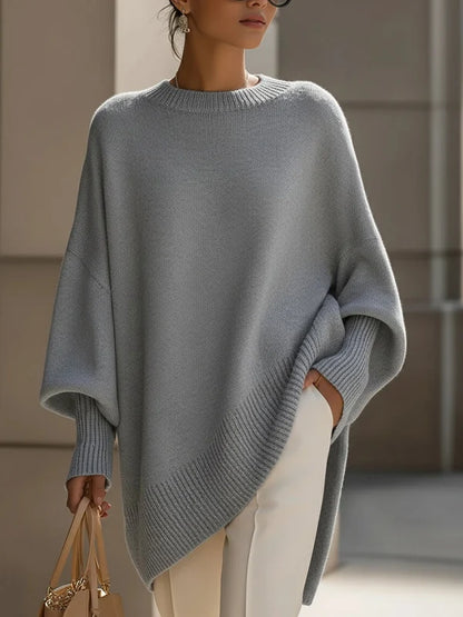 Women’s Oversized Draped Crew Neck Knit Sweater with Ribbed Cuffs