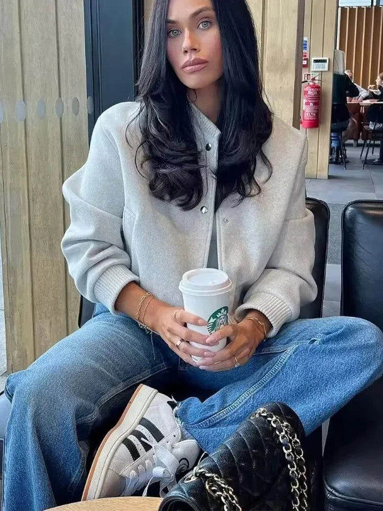 Women’s Cropped Bomber Jacket with Classic Button Closure and Relaxed Fit