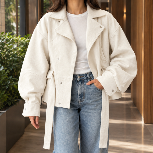 Cropped Belted Moto-Inspired Jacket with Flap Pockets