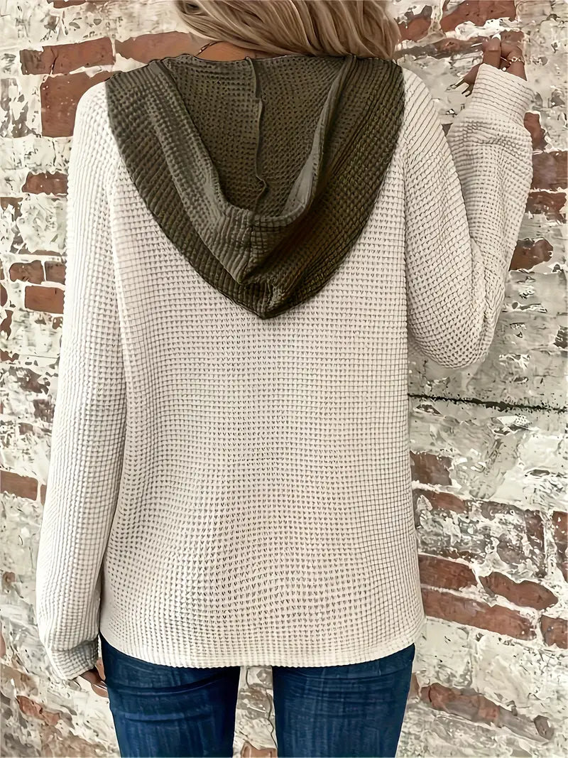 Women’s Waffle Knit Hooded Button-Front Long Sleeve Top