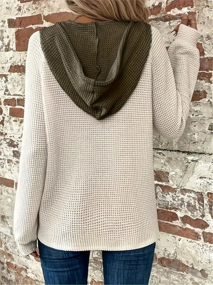 Women’s Waffle Knit Hooded Button-Front Long Sleeve Top