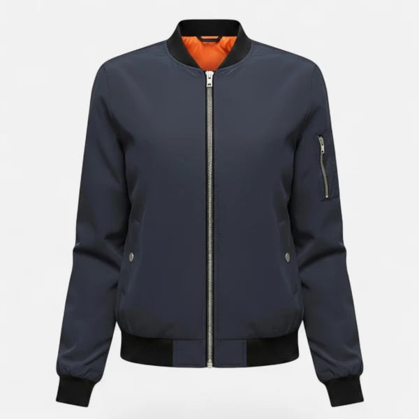 Women’s Minimalist Zip-Front Bomber Jacket with Round Neck