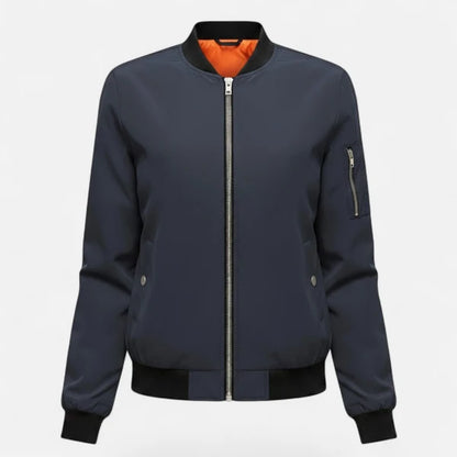 Women’s Minimalist Zip-Front Bomber Jacket with Round Neck