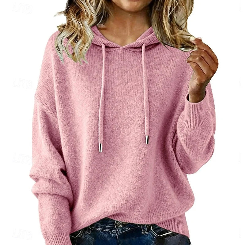 Women’s Relaxed Drawstring Hooded Knit Pullover with Ribbed Trim