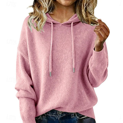 Women’s Relaxed Drawstring Hooded Knit Pullover with Ribbed Trim