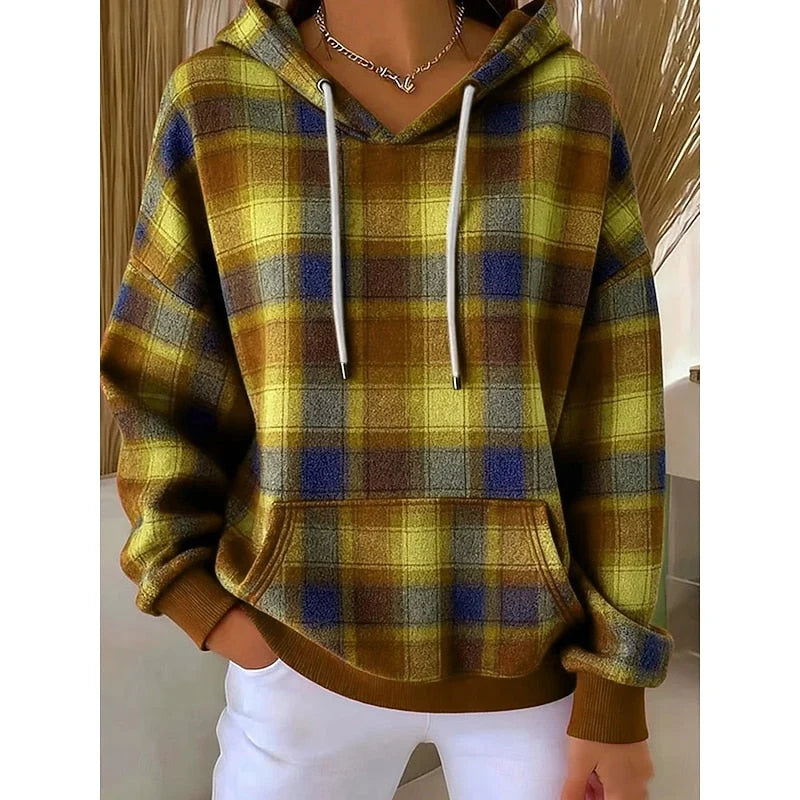 Women’s Oversized Plaid Hooded Pullover with Drawstring and Pocket