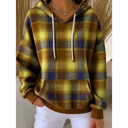 Women’s Oversized Plaid Hooded Pullover with Drawstring and Pocket