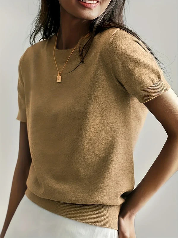 Women’s Lightweight Short-Sleeve Crew Neck Knit Top with Ribbed Trim