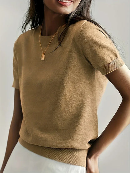 Women’s Lightweight Short-Sleeve Crew Neck Knit Top with Ribbed Trim