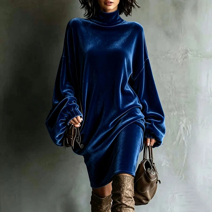 Women's Oversized Velvet Dress with Batwing Sleeves and Mock Neck