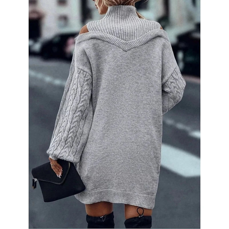 Women's Turtleneck Sweater Dress with Cold-Shoulder Cutouts and Cable-Knit Sleeves