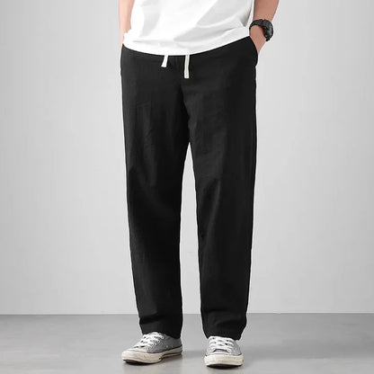Men’s Relaxed Tapered Linen Trousers with Drawstring Waist