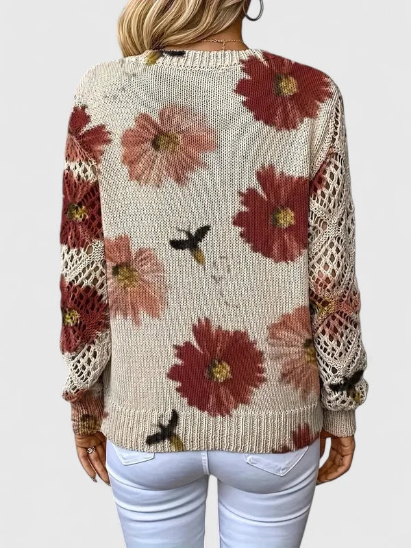 Women’s Printed V-Neck Openwork Sleeve Relaxed Knit Sweater