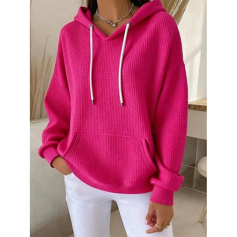 Women’s Oversized Waffle Knit Drawstring Hooded Pullover