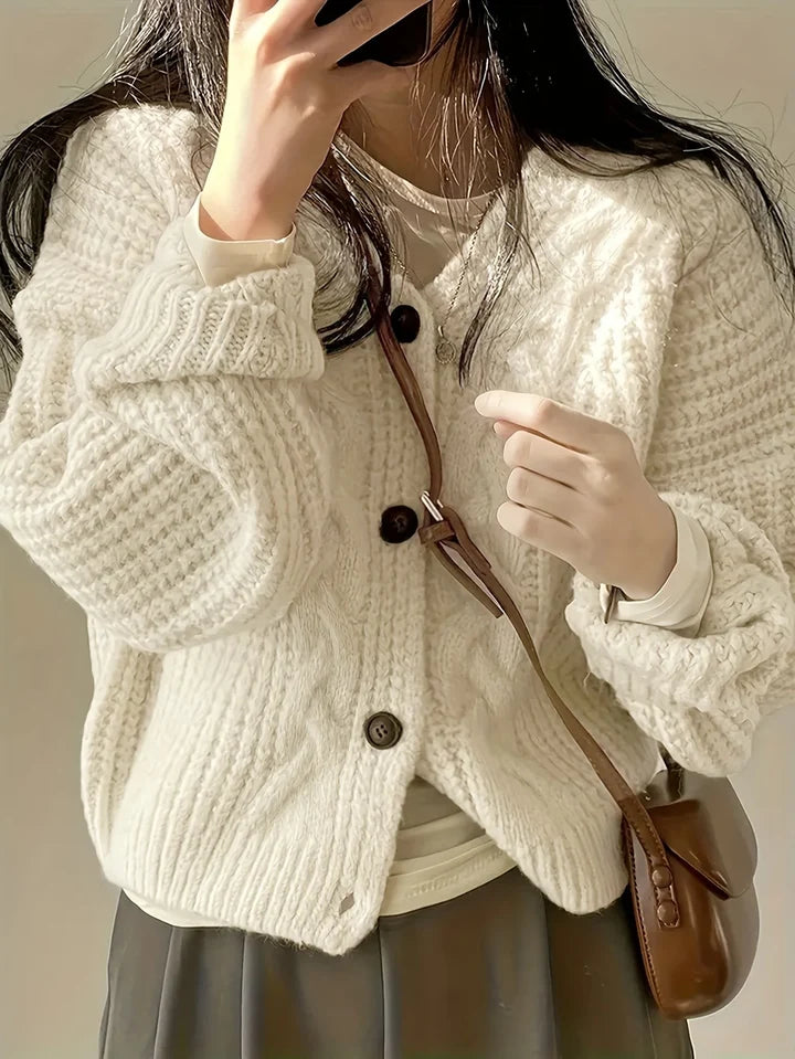 Women’s Cropped Textured Cable Knit V-Neck Button Cardigan