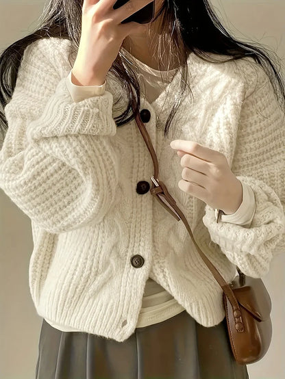 Women’s Cropped Textured Cable Knit V-Neck Button Cardigan