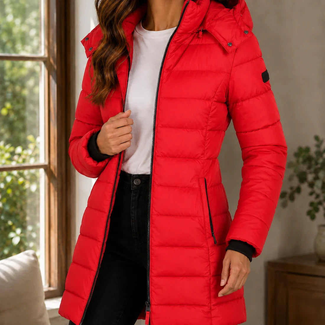 Women’s Fitted Longline Quilted Hooded Jacket