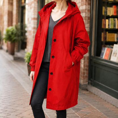 Women’s Relaxed Knee-Length Hooded Button Overcoat
