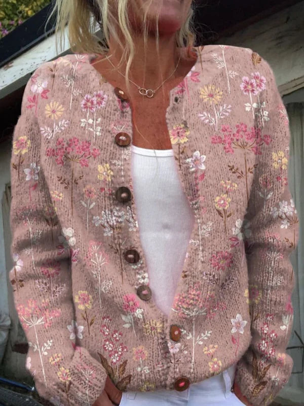 Women’s Printed Textured Knit Button-Front Relaxed Cardigan