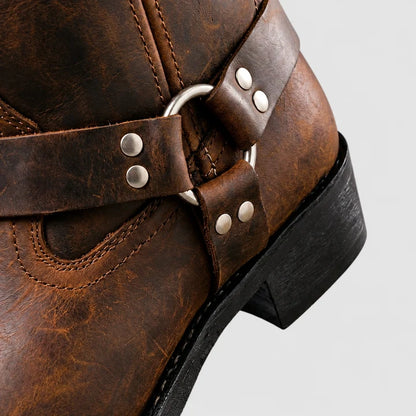 Men’s Genuine Leather Mid-Calf Boots with Buckled Harness Detail