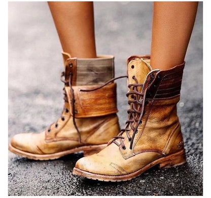 Women’s Vintage Lace-Up Combat Boots with Foldable Shaft