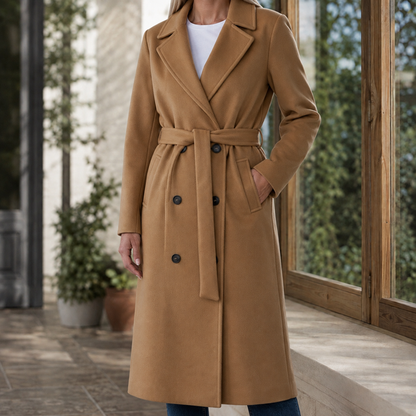 Women’s Long Double-Breasted Belted Coat with Wide Lapels