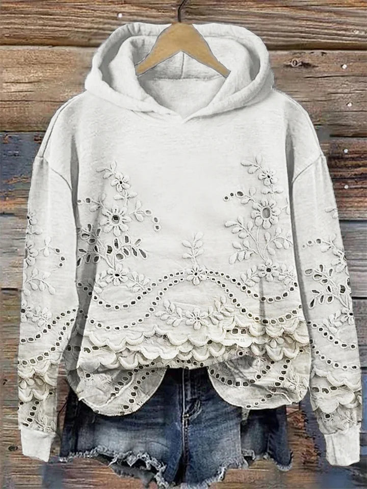 Women’s Floral Eyelet Scalloped Hem Pullover Hoodie