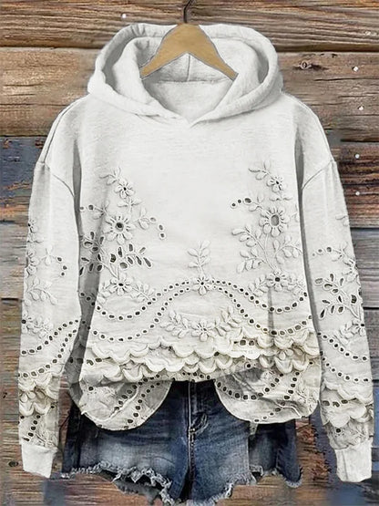 Women’s Floral Eyelet Scalloped Hem Pullover Hoodie