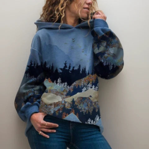 Women’s Oversized Mountain Landscape Printed Pullover Hoodie