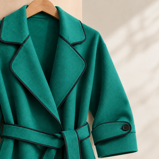 Women’s Soft Cashmere Wrap Coat with Contrast Piping