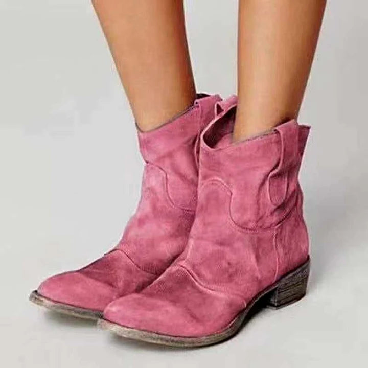 Women’s Distressed Suede Ankle Booties with Low Block Heel