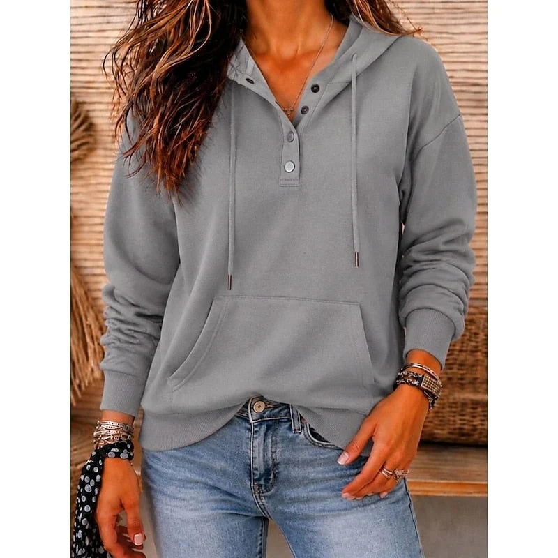 Women’s Relaxed Button-Placket Hooded Pullover with Front Pouch Pocket