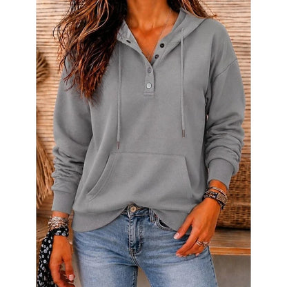 Women’s Relaxed Button-Placket Hooded Pullover with Front Pouch Pocket