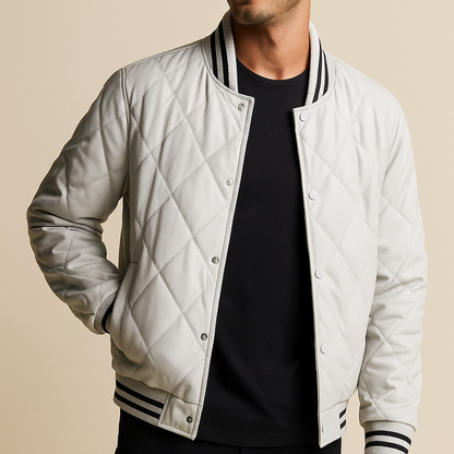 Men’s Quilted Leather Snap-Front Bomber Jacket