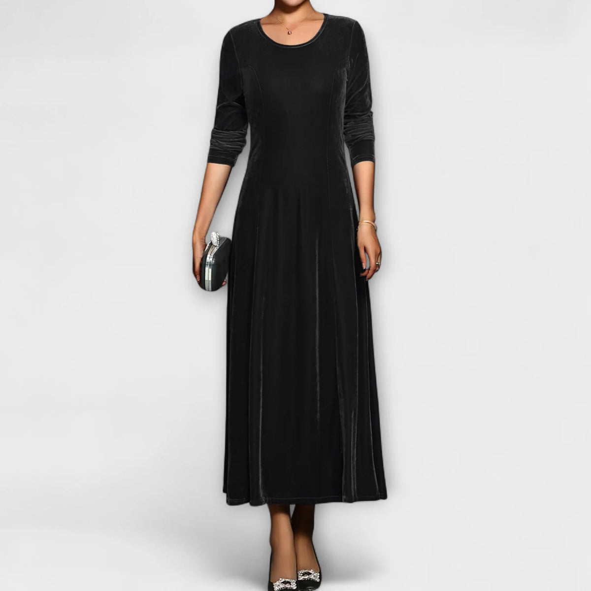 Women's Velvet A-Line Dress with Long Sleeves and Scoop Neck