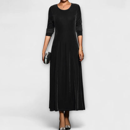 Women's Velvet A-Line Dress with Long Sleeves and Scoop Neck