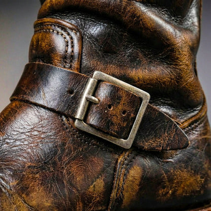 Men’s Genuine Leather Engineer Boots with Dual Buckle Straps