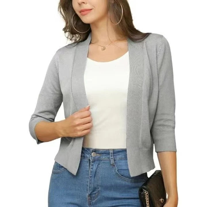 Women’s Cropped Open-Front Cardigan with Relaxed Fit and 3/4 Sleeves