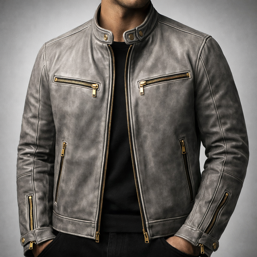 Men’s Distressed Leather Moto Jacket with Zip Pockets
