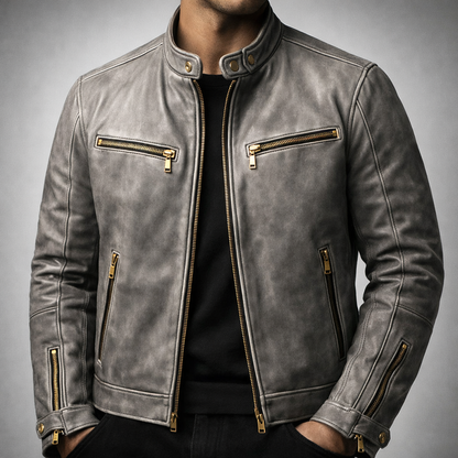 Men’s Distressed Leather Moto Jacket with Zip Pockets