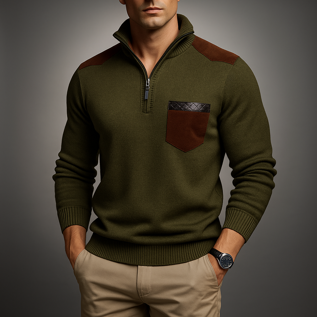Men’s Contrast Panel Quarter-Zip High Collar Sweater