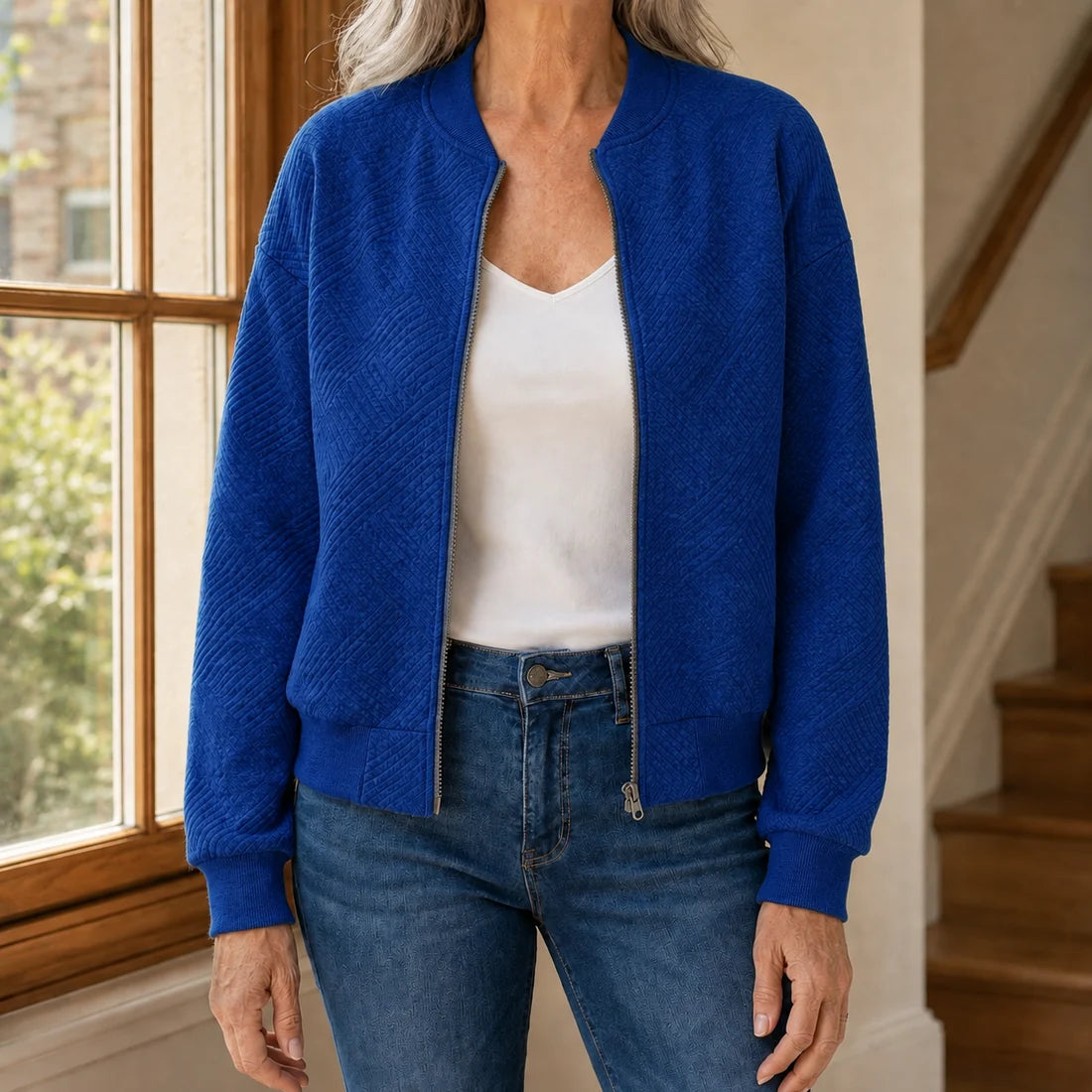 Women’s Relaxed Textured Zip Jacket with Ribbed Trim