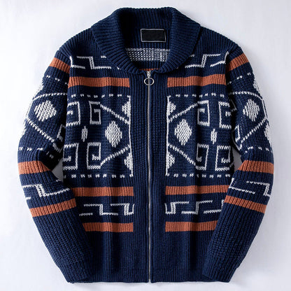 Men’s Geometric Jacquard Shawl Collar Zip Cardigan