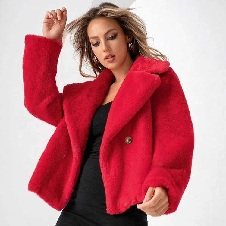 Women’s Plush Faux-Fur Double-Breasted Lapel Jacket
