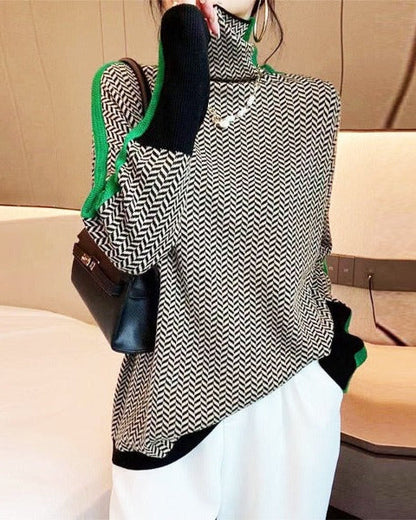 Women’s Geometric Print High-Neck Soft Knit Sweater