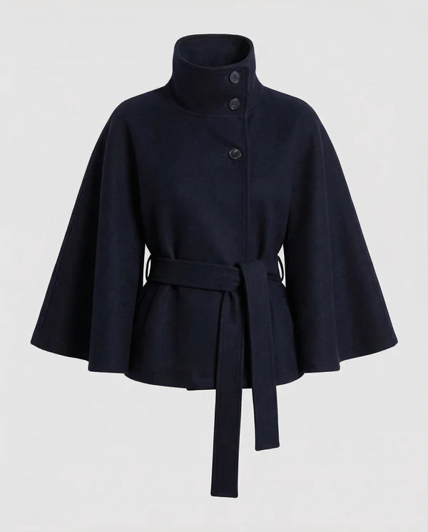Women’s High-Collar Wool-Blend Cape Jacket with Waist Belt