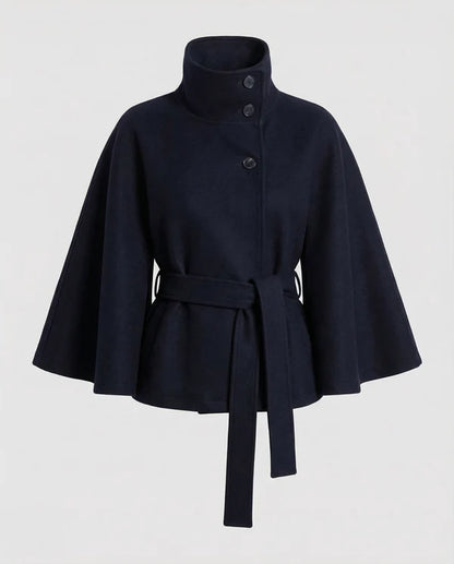 Women’s High-Collar Wool-Blend Cape Jacket with Waist Belt