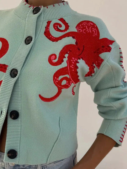 Women’s Octopus Motif Button-Front Knit Cardigan