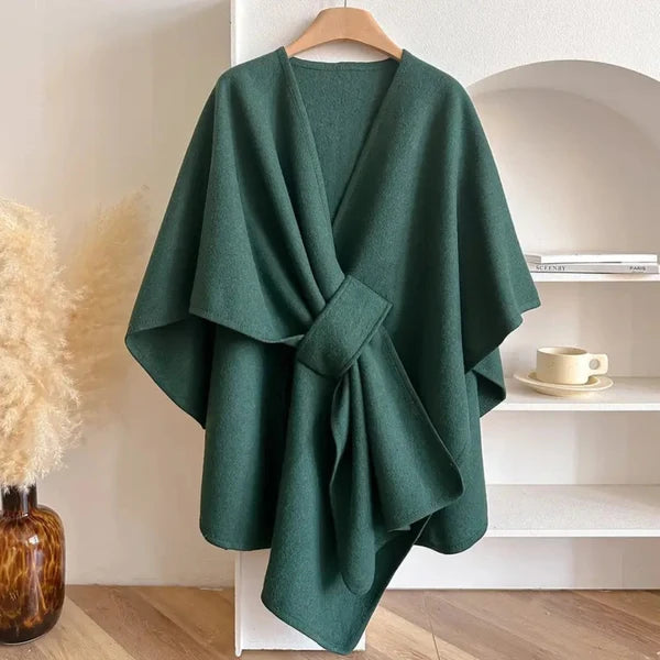 Women’s Windproof Belted Cape Coat with Draped Silhouette