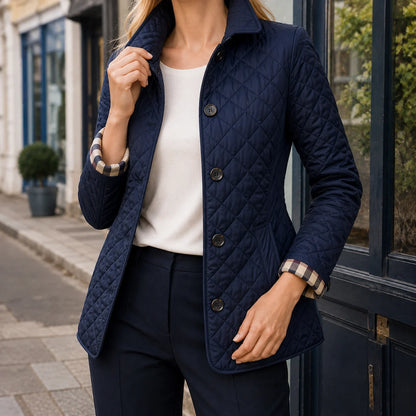 Women’s Diamond Quilted Jacket with Checked Turn-Back Cuffs